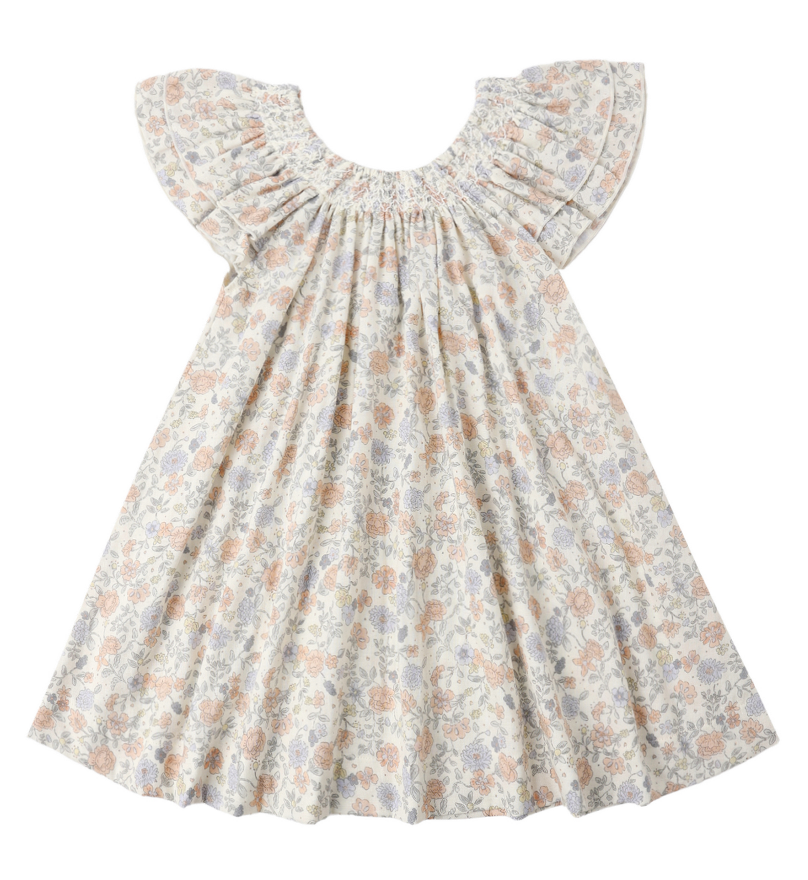 The Girls' Lucia Dress by Rylee & Cru is a short-sleeved, knee-length summer dress with a wide gathered neckline and a soft pastel blue floral print.