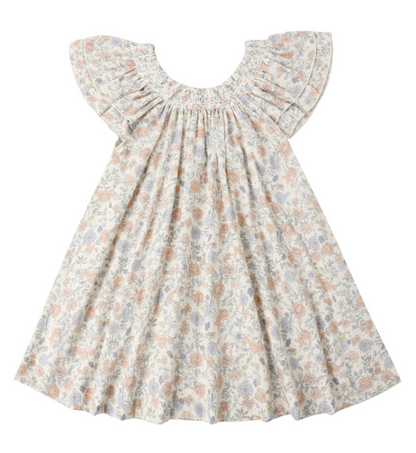 The Girls' Lucia Dress by Rylee & Cru is a short-sleeved, knee-length summer dress with a wide gathered neckline and a soft pastel blue floral print.