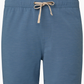 The Onia Land to Water Short 6" for men features a blue quick-dry fabric, elastic waistband with beige drawstring, and is displayed against a white background.