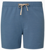 The Onia Land to Water Short 6" for men features a blue quick-dry fabric, elastic waistband with beige drawstring, and is displayed against a white background.