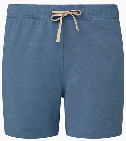 The Onia Land to Water Short 6" for men features a blue quick-dry fabric, elastic waistband with beige drawstring, and is displayed against a white background.