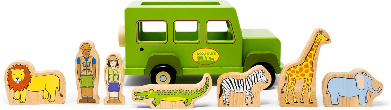 A green Magnetic Truck by Jack Rabbit Creations, accompanied by wooden figures of two guides, a lion, crocodile, zebra, giraffe, and elephant, is arranged in a row.