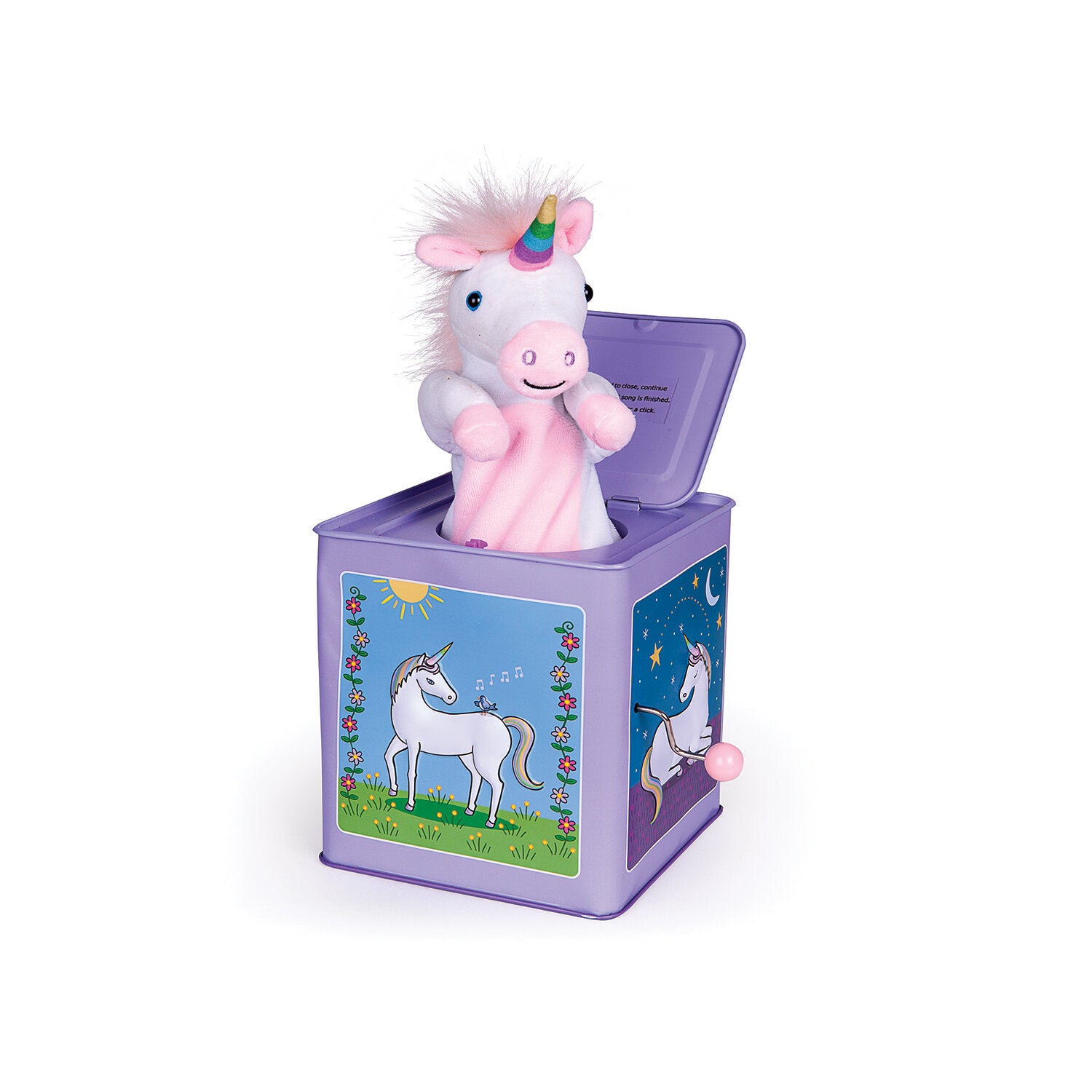 A pink unicorn puppet pops out of the Jack-in-the-Box by Jack Rabbit Creations, featuring a purple box adorned with original art and whimsical unicorn illustrations on its sides, making it a delightful addition to any collection of plush characters.