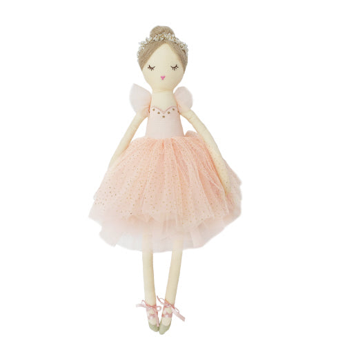 Mon Ami’s Belle Ballerina Doll features brown hair styled in a bun, a pink tutu dress, tiara, and ballet shoes, all set against a white background. This charming keepsake from Mon Ami makes an ideal gift for girls who love ballet and imaginative play.