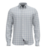 The Movement Shirt by Faherty is a long-sleeve, button-up shirt with a blue and white plaid pattern, made from soft Supima cotton, and finished with a collar and slightly curved hem.
