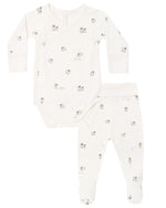 The Quincy Mae Baby Side Snap Bodysuit + Pant Set includes a white long-sleeve side snap bodysuit and coordinating footed pants, both decorated with a subtle light grey animal print.