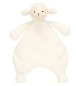 The Jellycat Bashful Lamb Comforter is a white plush toy shaped like a sheep with a round head, small black eyes, and floppy ears. Perfect as a newborn gift, its body is flat and wide with small paws at the ends of its limbs, all crafted from recycled fibers.