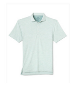 Johnnie-O Seymour Polo featuring short sleeves, a three-button placket, and white and light green horizontal stripes.