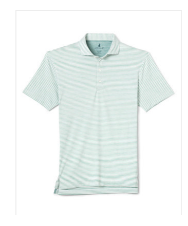Johnnie-O Seymour Polo featuring short sleeves, a three-button placket, and white and light green horizontal stripes.