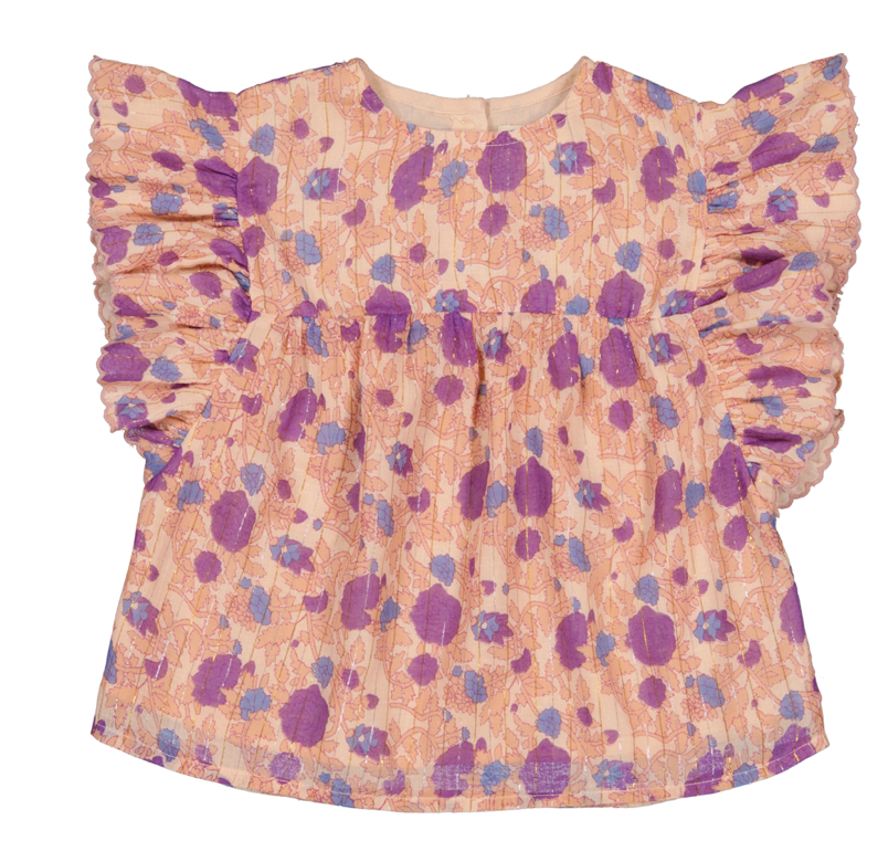 The LL Jasmin Tunic by Louis Louise is a peach children's dress featuring a purple floral pattern with ruffled, puffed sleeves.