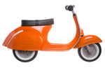 An orange Primo Ride On Kids Toy Classic Scooter without handlebars or footrests, viewed from the side against a white background, crafted with high-quality materials. This sleek design by Amboss Toys makes it an ideal toddler car and a perfect gift for little adventurers.