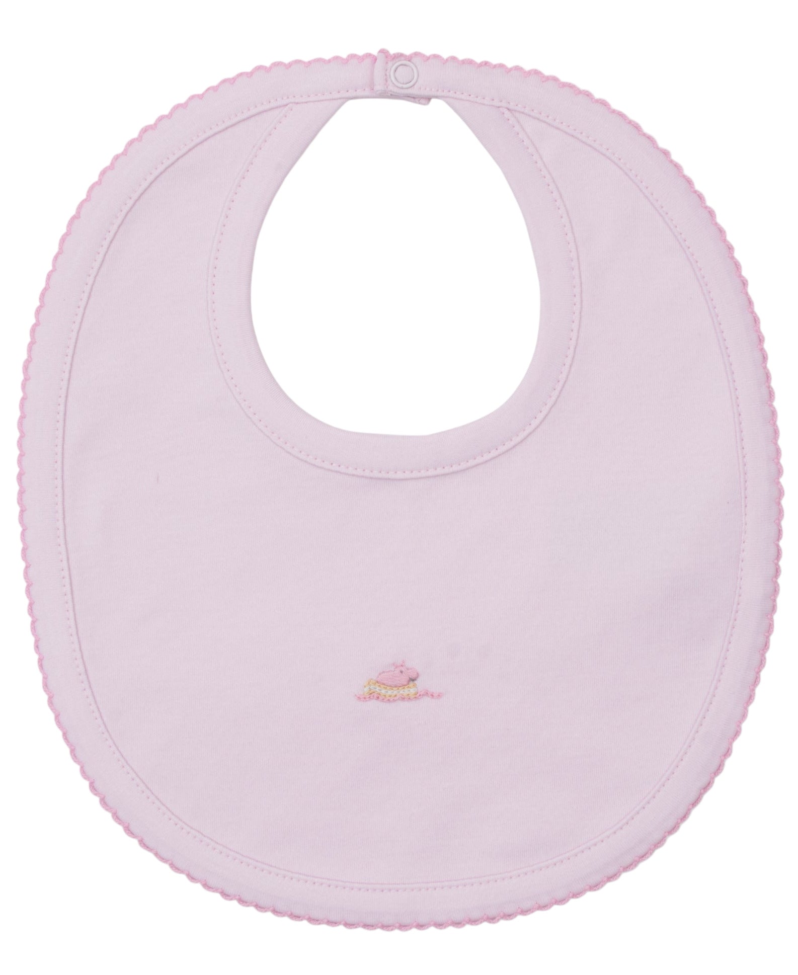 The Kissy Kissy Premier Noah's Ark Bib with Hand Emb. is a light pink Pima cotton bib featuring scalloped edges, an embroidered cake design in the center, and a snap closure at the neck.