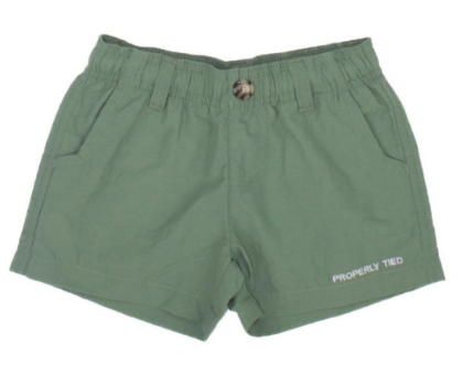 The Boys' Mallard Short by Properly Tied features an elastic waistband, side pockets, single button, moisture-wicking fabric, and "PROPERLY TIED" printed on the front left leg.