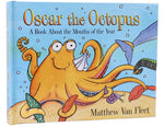Front cover of "Oscar the Octopus" by Simon & Schuster, a children’s book featuring a cartoon octopus, playful sea creatures, and textured pages for interactive fun.