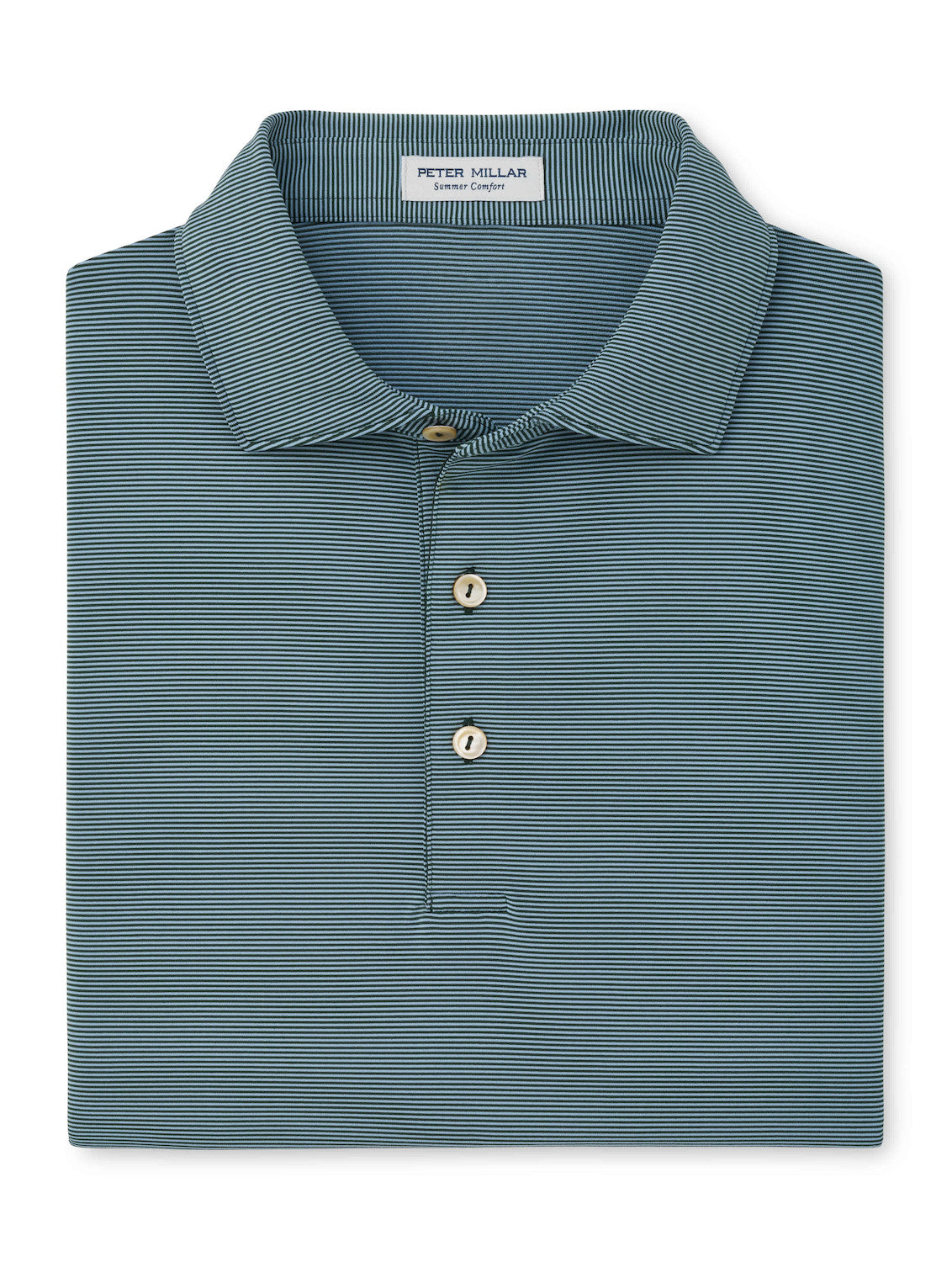 Peter Millar Jubilee Performance Jersey Polo in blue with fine horizontal stripes, a three-button placket, and four-way stretch for summer comfort.
