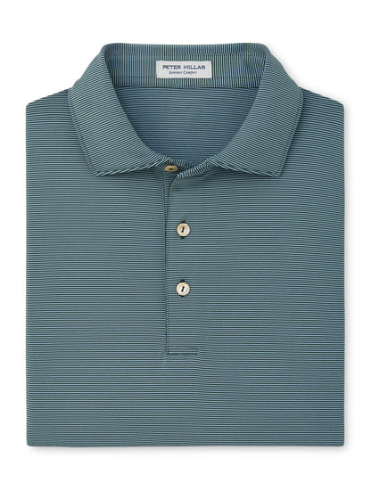 Peter Millar Jubilee Performance Jersey Polo in blue with fine horizontal stripes, a three-button placket, and four-way stretch for summer comfort.