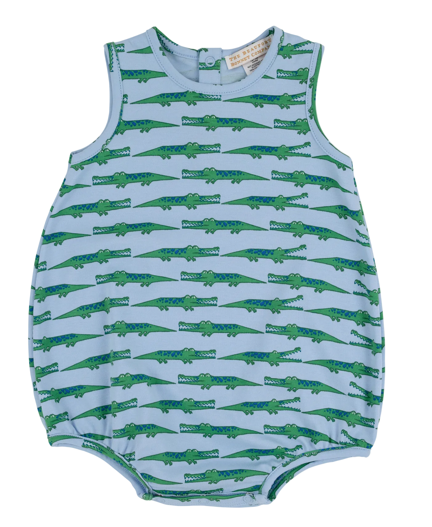 The TBB Patton Play Bubble by The Beaufort Bonnet Company is a blue sleeveless baby romper made from soft Pima Cotton Knit, adorned with an all-over alligator print. Designed for comfort and playful style, this adorable one-piece features a round neck and convenient button closure at the back for easy dressing.