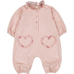The Louis Louise Baby Girls' Garlone Corduroy Overall features long sleeves, a ruffled collar, button placket, and two heart-shaped floral patches on the front, crafted from soft floral printed cotton for a charming look.