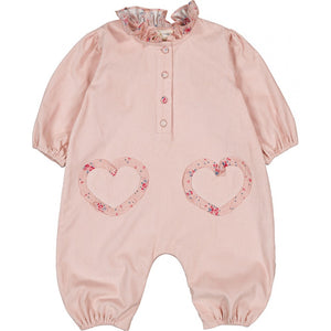 The Louis Louise Baby Girls' Garlone Corduroy Overall features long sleeves, a ruffled collar, button placket, and two heart-shaped floral patches on the front, crafted from soft floral printed cotton for a charming look.