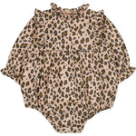 The Louis Louise Girls' Rebecca Corduroy Leopard Overall features a playful leopard print on beige, ruffled collar, and snap buttons for easy changing.