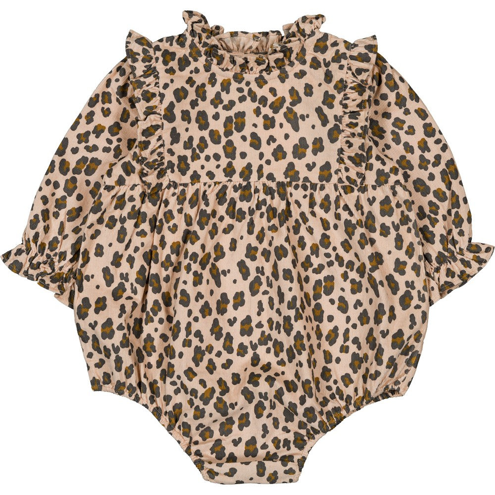 The Louis Louise Girls' Rebecca Corduroy Leopard Overall features a playful leopard print on beige, ruffled collar, and snap buttons for easy changing.
