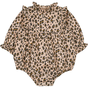 The Louis Louise Girls' Rebecca Corduroy Leopard Overall features a playful leopard print on beige, ruffled collar, and snap buttons for easy changing.