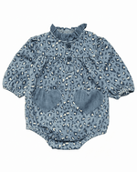 The Louis Louise Baby Girls’ Sylvette Romper features a blue leopard print, charming ruffled collar, front buttons, and two heart-shaped pockets—ideal for keeping your little one stylish and comfortable.