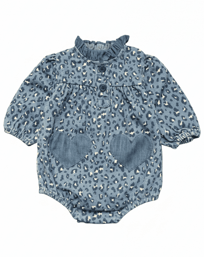The Louis Louise Baby Girls’ Sylvette Romper features a blue leopard print, charming ruffled collar, front buttons, and two heart-shaped pockets—ideal for keeping your little one stylish and comfortable.