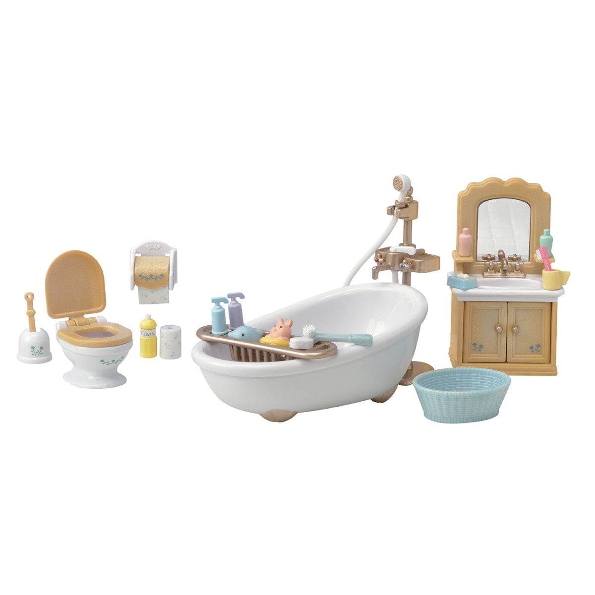 Calico Critters Country Bathroom Set features a miniature bathtub, sink with mirror, toilet, toilet paper, basket, and toiletries arranged neatly on a white background—perfect as dollhouse furniture or to complement other Calico Critters playsets.