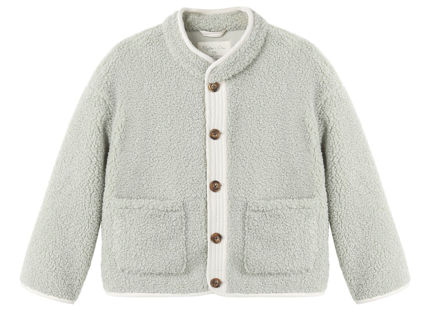 The Rylee & Cru Baby Girls’ and Girls’ Chalet Jacket in light gray features long sleeves, cozy front pockets, a quilted button placket, and white trim along the edges.
