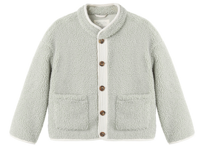 The Rylee & Cru Baby Girls’ and Girls’ Chalet Jacket in light gray features long sleeves, cozy front pockets, a quilted button placket, and white trim along the edges.