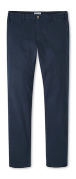 Peter Millar Signature Sateen Flat Front Trousers in navy blue cotton-stretch fabric with side pockets.