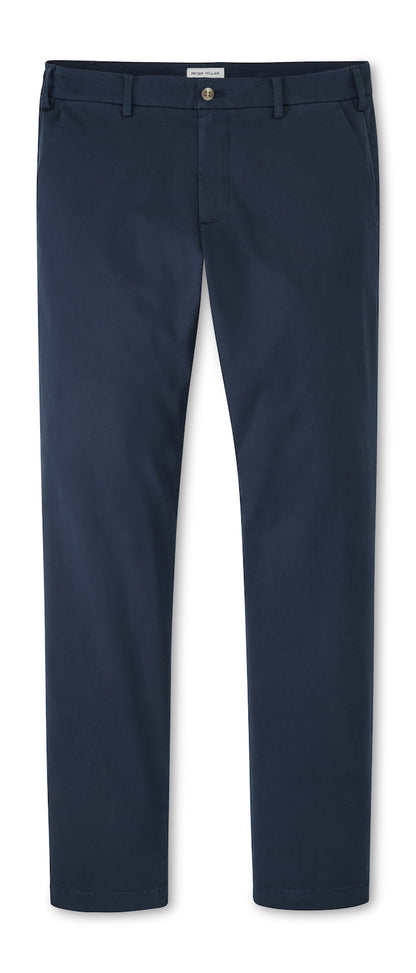 Peter Millar Signature Sateen Flat Front Trousers in navy blue cotton-stretch fabric with side pockets.