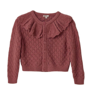 The Noralee Baby Girls' and Girls' Ruffle Cardigan features a mauve pointelle knit with diamond pattern, oversized collar, long sleeves, and front button closure—perfect for stylish layering. Displayed on a white background.