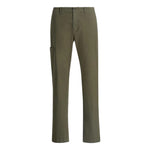 The Owen Side Pocket Trouser by vince is crafted from stretch-cotton in olive green, featuring a straight-leg silhouette, button and zipper fly, belt loops, and a side utility pocket on the right leg for a utilitarian accent.