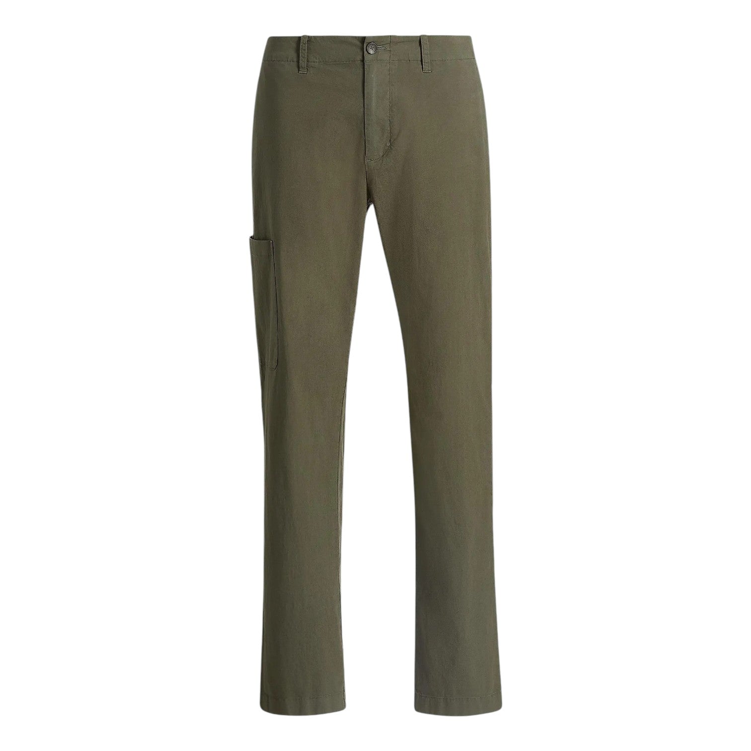 The Owen Side Pocket Trouser by vince is crafted from stretch-cotton in olive green, featuring a straight-leg silhouette, button and zipper fly, belt loops, and a side utility pocket on the right leg for a utilitarian accent.