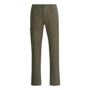 The Owen Side Pocket Trouser by vince is crafted from stretch-cotton in olive green, featuring a straight-leg silhouette, button and zipper fly, belt loops, and a side utility pocket on the right leg for a utilitarian accent.