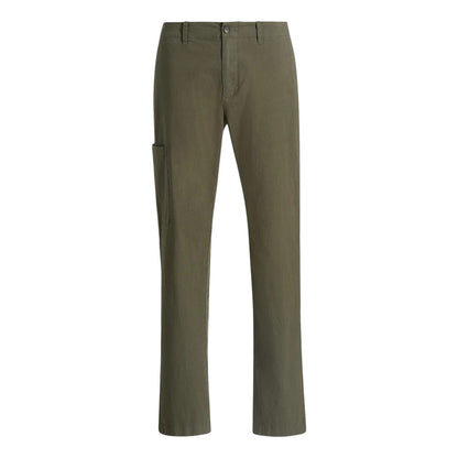 The Owen Side Pocket Trouser by vince is crafted from stretch-cotton in olive green, featuring a straight-leg silhouette, button and zipper fly, belt loops, and a side utility pocket on the right leg for a utilitarian accent.