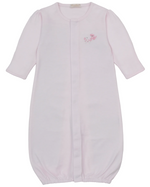 The Kissy Kissy Baby Premier Puppy Paws Hand Emb. Striped Convertible Gown is crafted from soft Peruvian cotton, features long sleeves, front snap closures, elastic at the bottom, and a small hand-embroidered puppy paws design on the chest.