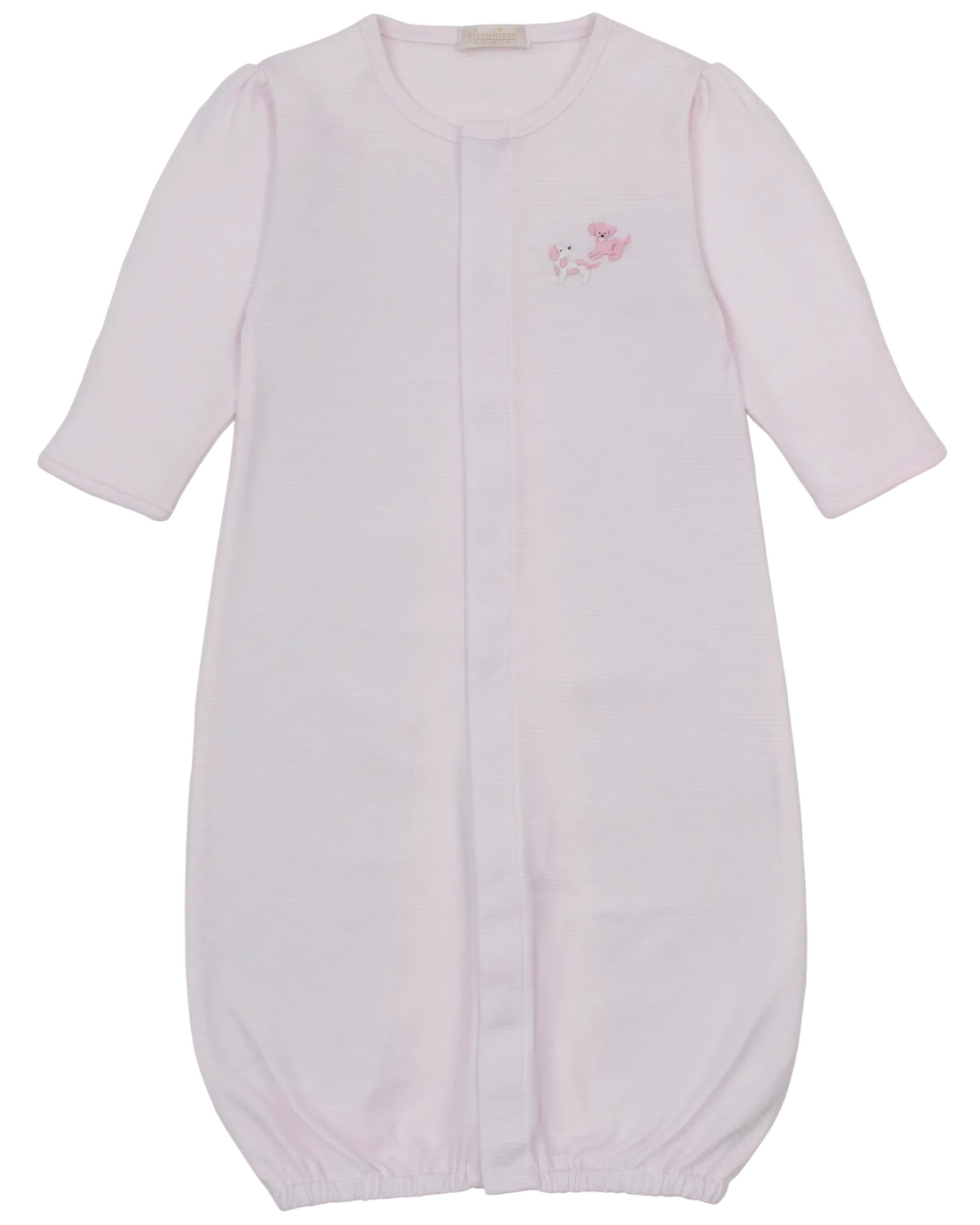 The Kissy Kissy Baby Premier Puppy Paws Hand Emb. Striped Convertible Gown is crafted from soft Peruvian cotton, features long sleeves, front snap closures, elastic at the bottom, and a small hand-embroidered puppy paws design on the chest.
