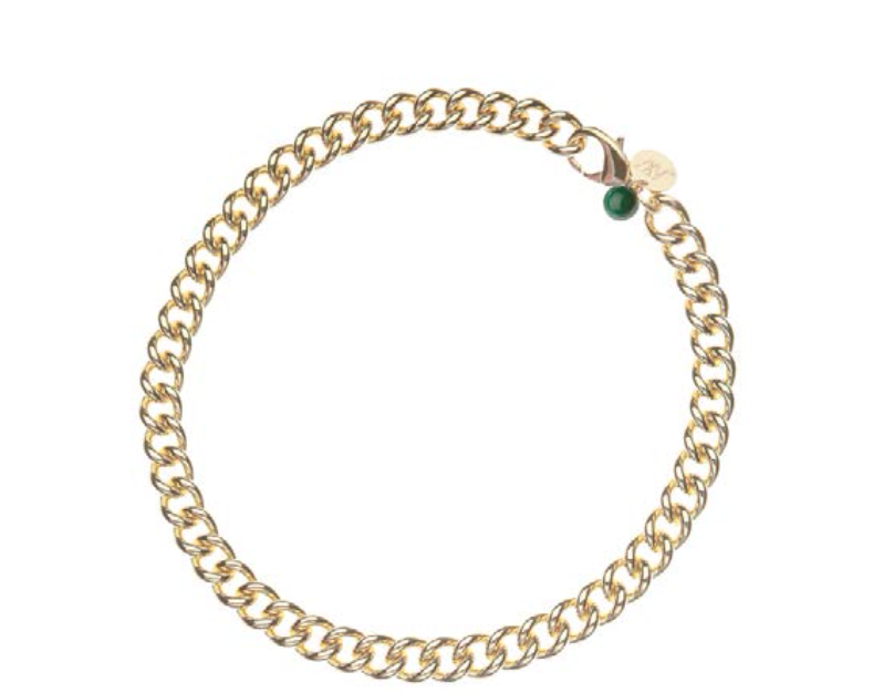 The Jane Win Necklace Chain Collection features a gold curb link chain with a round tag and small green bead near the clasp, perfect for your versatile chains collection. Shown on a white background.