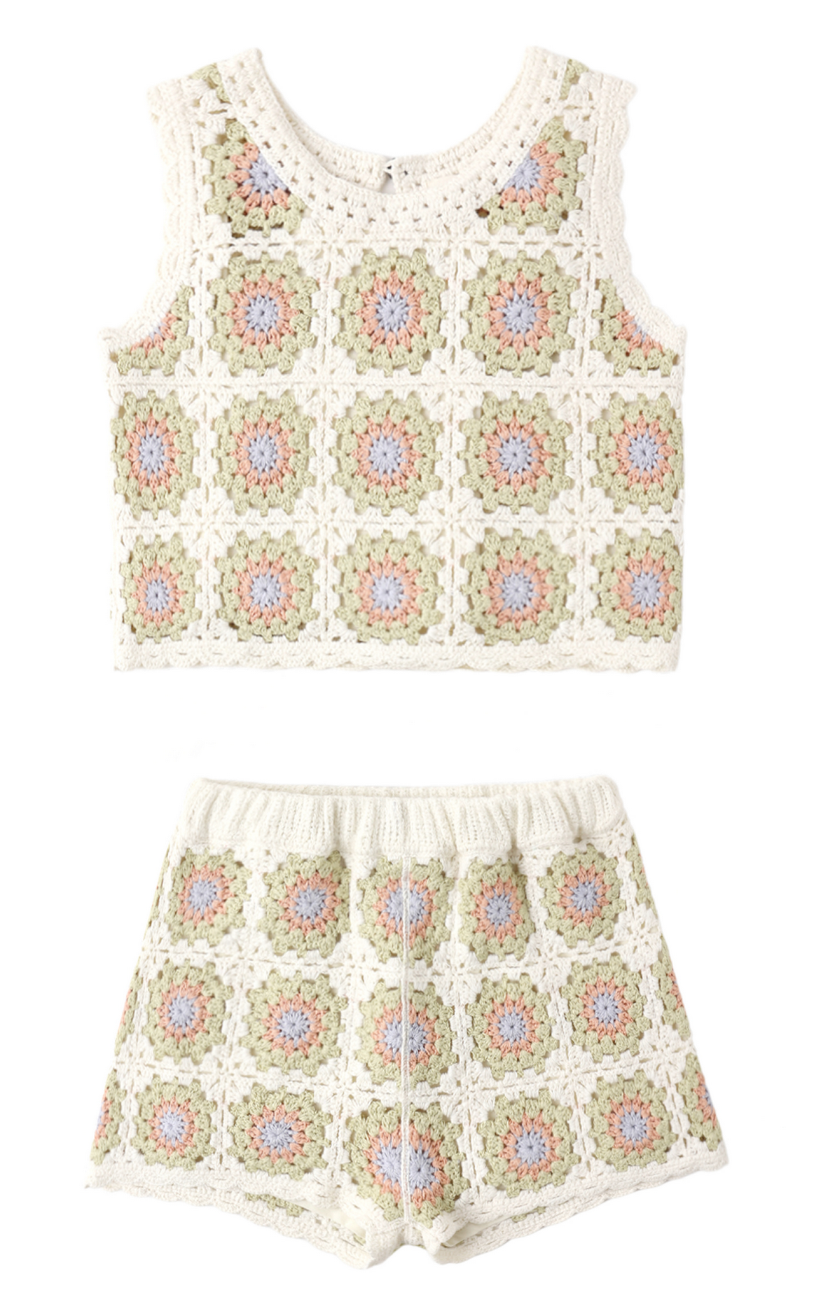 The Rylee & Cru Girls' Crochet Tank Set features a sleeveless crop top and matching shorts with square motif patterns in pastel hues and ruffled trim, displayed on a white background.