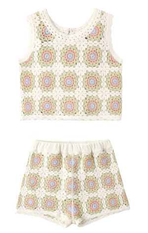 The Rylee & Cru Girls' Crochet Tank Set features a sleeveless crop top and matching shorts with square motif patterns in pastel hues and ruffled trim, displayed on a white background.