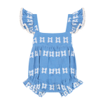 The Mer Baby Girls' Chloe Romper features a charming blue design adorned with white embroidered butterfly patterns, a stylish square neckline, ruffled flutter sleeves edged in white trim, and gathered leg openings—making this adorable one-piece perfect for sunny days.