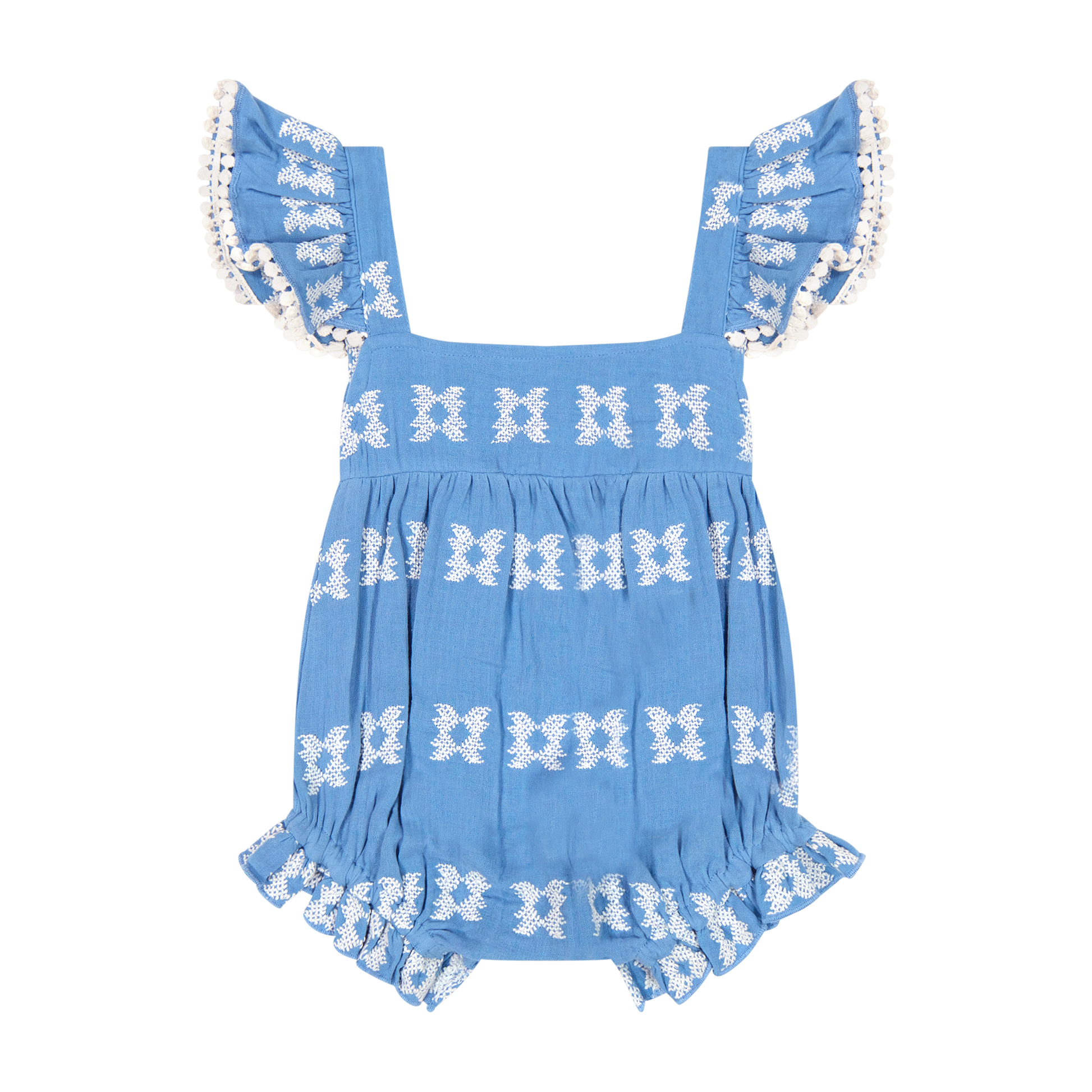The Mer Baby Girls' Chloe Romper features a charming blue design adorned with white embroidered butterfly patterns, a stylish square neckline, ruffled flutter sleeves edged in white trim, and gathered leg openings—making this adorable one-piece perfect for sunny days.