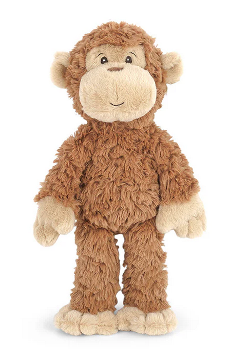 Mario Monkey by Mon Ami is a cuddly stuffed animal featuring a plush brown body with a beige face, ears, hands, and feet, shown standing upright against a white background.