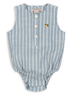 The Baby Boys’ Elliot Romper by Konges Slojd features blue and white vertical stripes in a sleeveless seersucker design, three front buttons for easy diaper changes, elastic leg openings, and a small embroidered lemon detail near the chest.