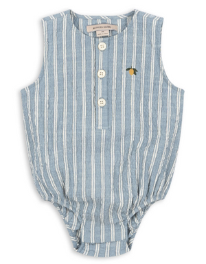 The Baby Boys’ Elliot Romper by Konges Slojd features blue and white vertical stripes in a sleeveless seersucker design, three front buttons for easy diaper changes, elastic leg openings, and a small embroidered lemon detail near the chest.