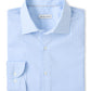 The Langley Crown Lite Cotton-Stretch Sport Shirt by Peter Millar in light blue twill features white vertical stripes, buttoned cuffs, and a collar. Made from easy-care stretch cotton.