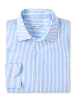 The Langley Crown Lite Cotton-Stretch Sport Shirt by Peter Millar in light blue twill features white vertical stripes, buttoned cuffs, and a collar. Made from easy-care stretch cotton.